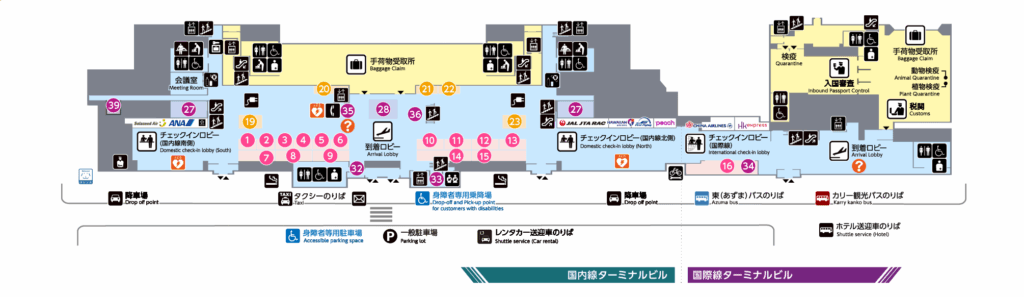 石垣空港のバス停までのアクセス案内図（ANA側・JTA側どちらからもわかりやすく表示） Bus stop access map from Ishigaki Airport (clear directions from both ANA and JTA sides)