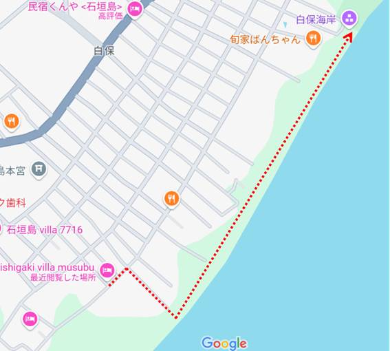 Ishigaki villa musubuから白保ビーチへの徒歩ルートを示した地図