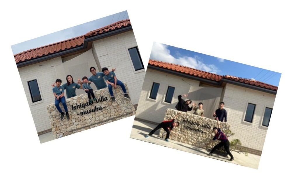 Ishigaki villa musubuの看板前で撮影されたゲストの記念写真